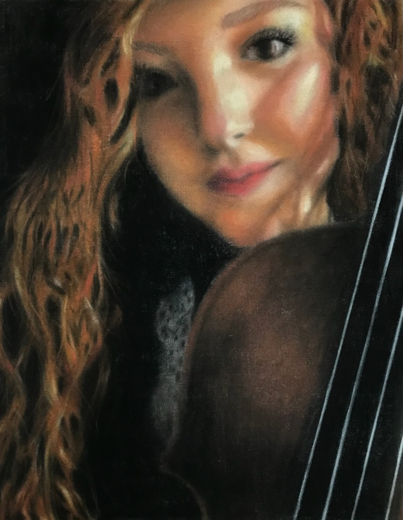 Self Portrait with Viola Oil Pastels on Raw Canvas